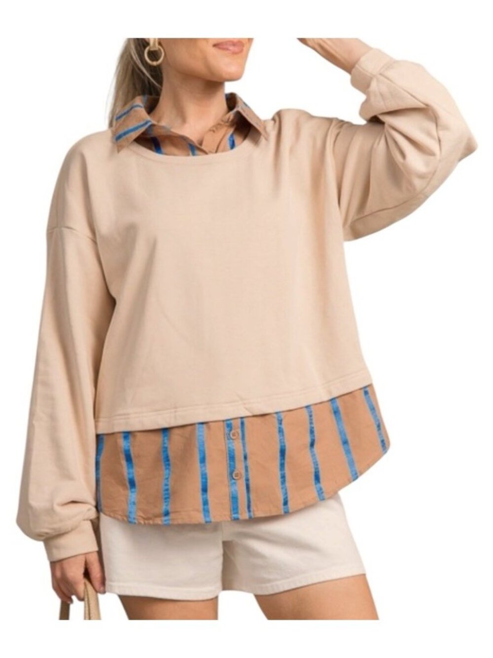 Entro Beige Ribbon Striped Collared Pullover Preppy Contrast Sweater Medium
